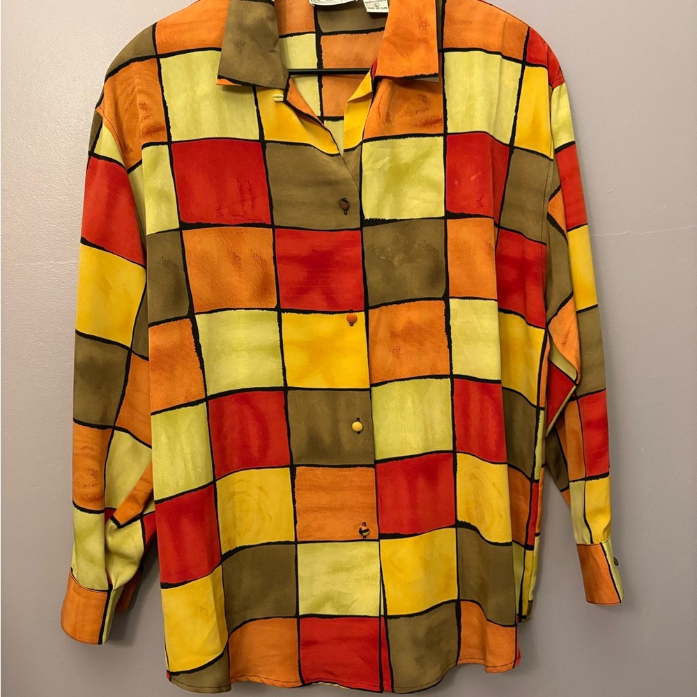 Vtg Le Caviar Block Blouse Sz L Women's Button Up Colorful Long sleeve 90's